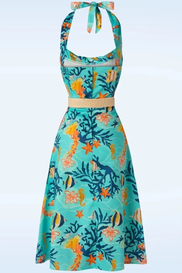 Coral Reef Halter Flare Jurk In Blauw-Vixen Store