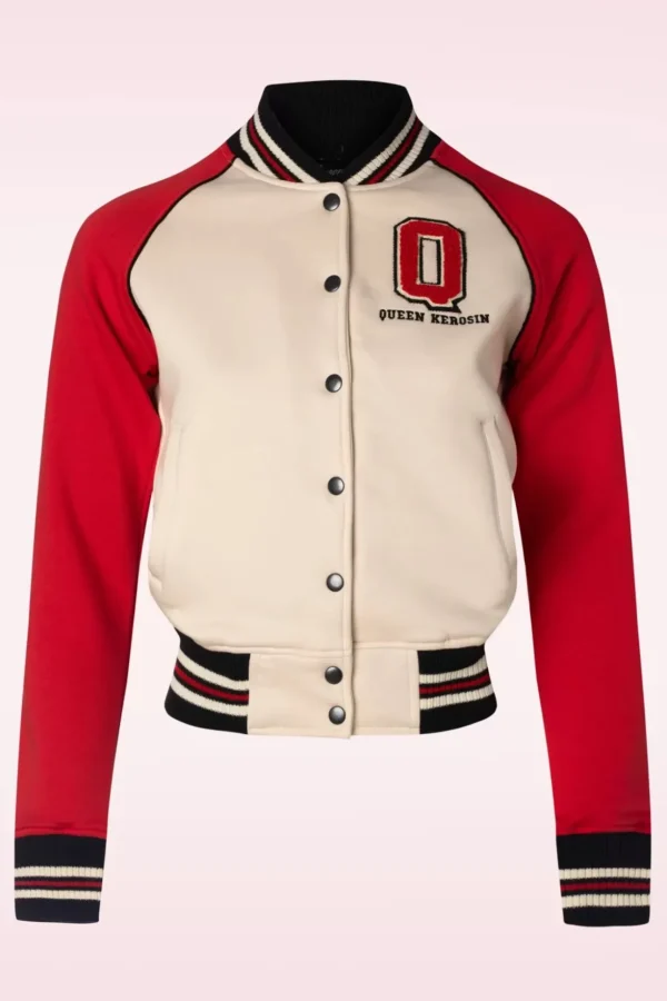 Damen Raglan College Sweat Jacket In Beige En Rood-Queen Kerosin Online