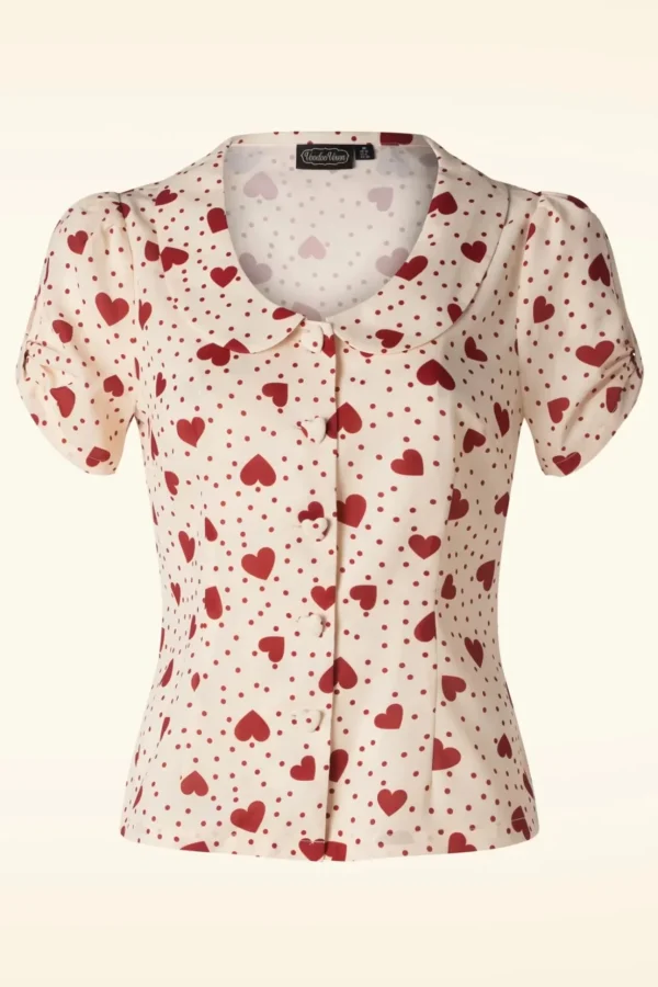 Heart Polka Dot Collared Top In Creme-Vixen Best Sale