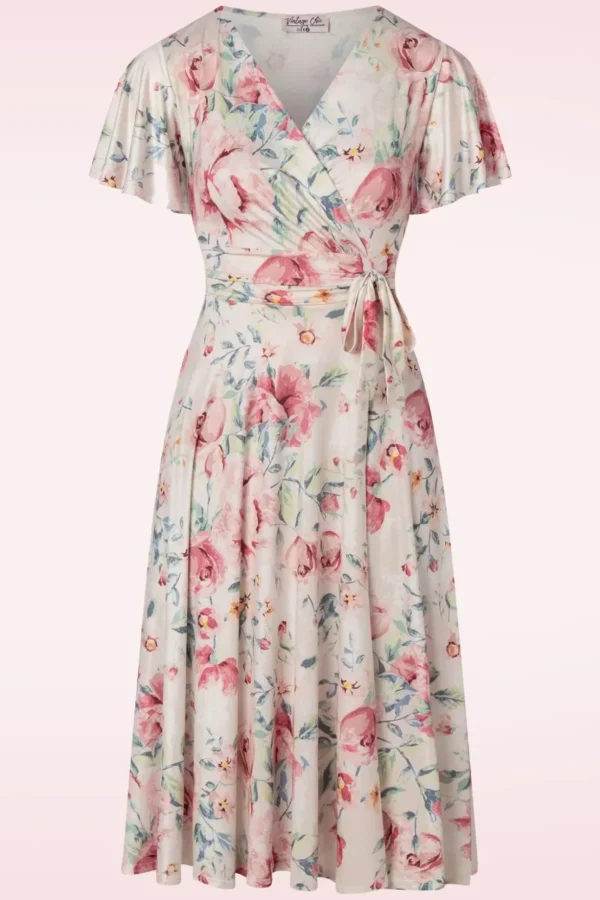 Irene Flower Overslagswingjurk In Zijdeachtig Creme-Vintage Chic for Topvintage Discount