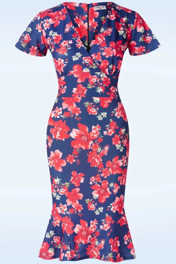 Katie Floral Pencil Jurk In Marineblauw En Rood-Vintage Chic for Topvintage Online