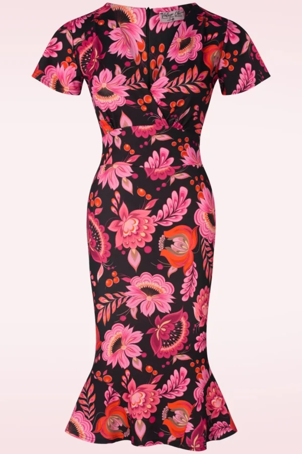 Katie Floral Pencil Jurk In Zwart En Roze-Vintage Chic for Topvintage Best Sale