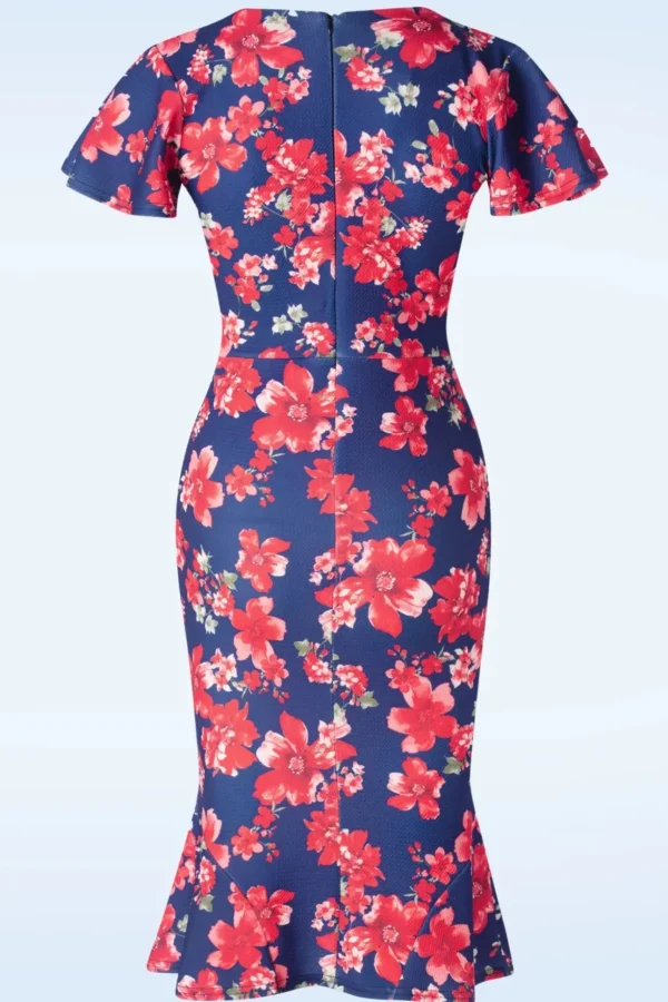 Katie Floral Pencil Jurk In Marineblauw En Rood-Vintage Chic for Topvintage Online