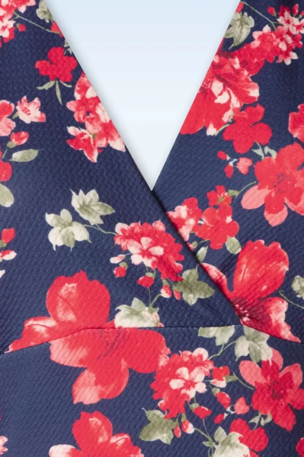 Katie Floral Pencil Jurk In Marineblauw En Rood-Vintage Chic for Topvintage Online