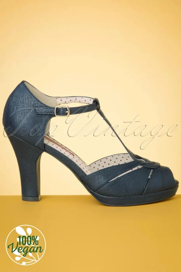 Lacey Art Deco T-Strap Pumps In Mat Marineblauw-B.A.I.T. Best Sale