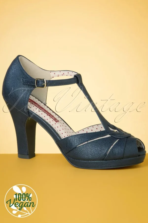 Lacey Art Deco T-Strap Pumps In Mat Marineblauw-B.A.I.T. Best Sale