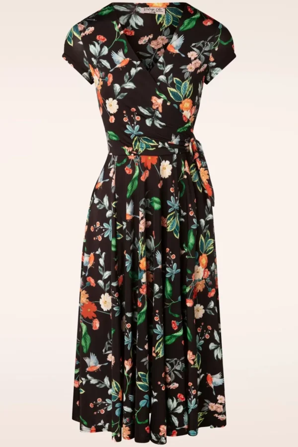 Layla Floral Gekruiste Jurk In Zwart-Vintage Chic for Topvintage Discount