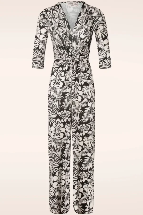 Lina Leaf Print Jumpsuit In Zwart-Vintage Chic for Topvintage Shop