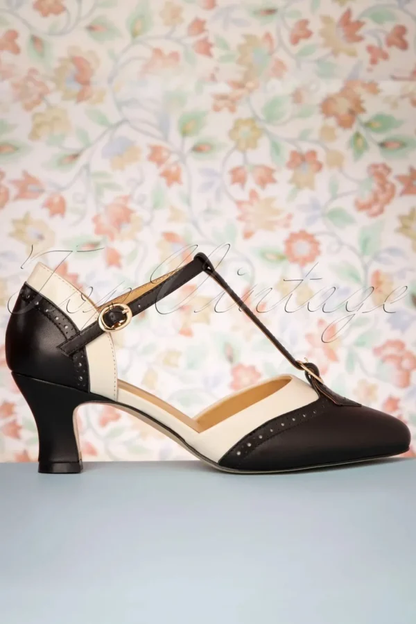 Luxe Parisienne T-Strap Pumps In Zwart En Creme-Charlie Stone Online