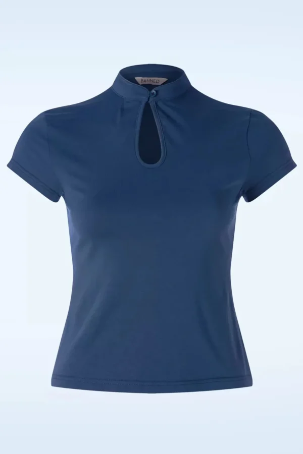 Mandarin Collar Top In Marineblauw-Banned Retro Best