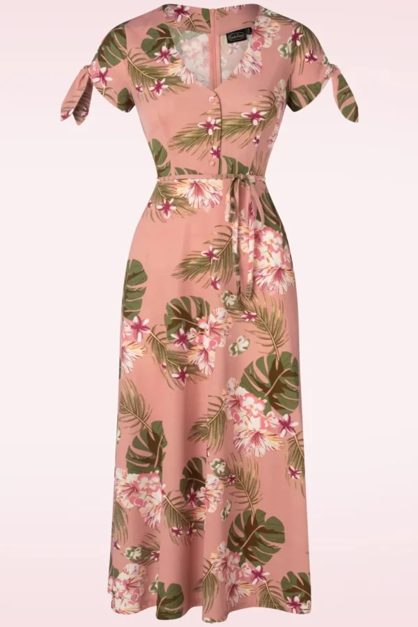 Midi-Jurk Met Tropische Bloemen In Roze-Vixen Store