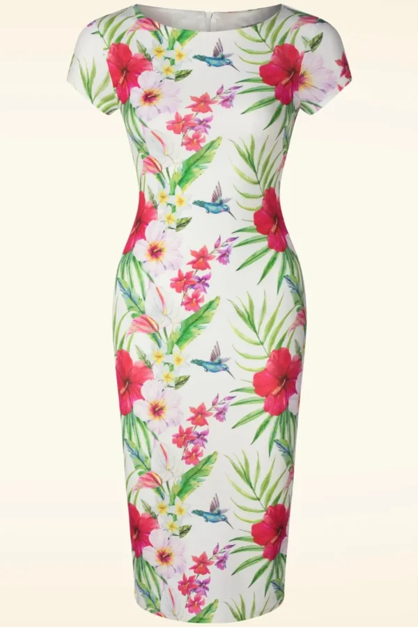 Tanya Tropical Pencil Jurk In Wit-Vintage Chic for Topvintage Flash Sale