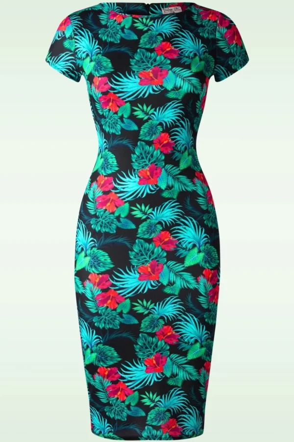 Tanya Tropical Pencil Jurk In Zwart-Vintage Chic for Topvintage Outlet