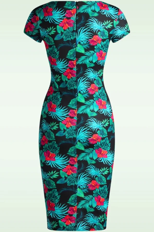 Tanya Tropical Pencil Jurk In Zwart-Vintage Chic for Topvintage Outlet