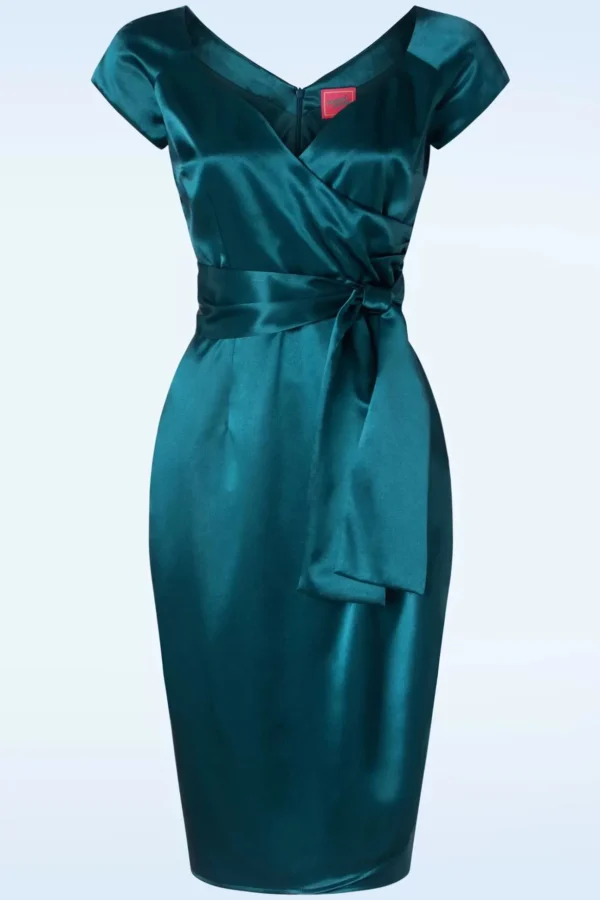 The Moira Satin Pencil Jurk In Teal-Glamour Bunny Shop