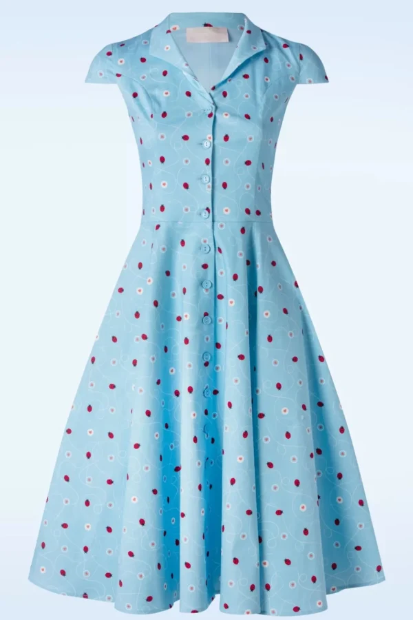 Topvintage Exclusive ~ Angie Swing Jurk In Licht Blauw Met Lieveheersbeestjes Print-Topvintage Boutique Collection Flash Sale