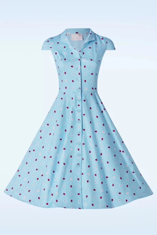 Topvintage Exclusive ~ Angie Swing Jurk In Licht Blauw Met Lieveheersbeestjes Print-Topvintage Boutique Collection Flash Sale