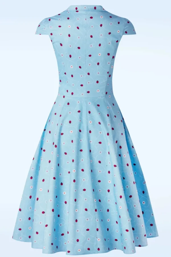 Topvintage Exclusive ~ Angie Swing Jurk In Licht Blauw Met Lieveheersbeestjes Print-Topvintage Boutique Collection Flash Sale