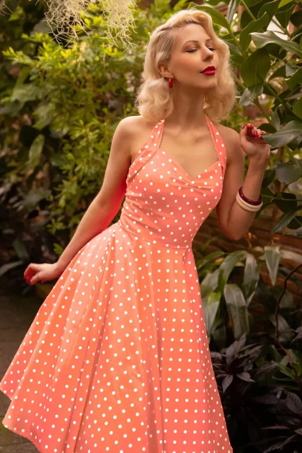 Topvintage Exclusive ~ Bettie Polka Dot Swing Jurk In Oranje-Topvintage Boutique Collection Clearance