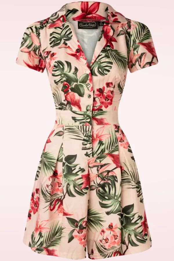 Tropische Flamingo Button Up Playsuit In Licht Roze-Vixen Cheap