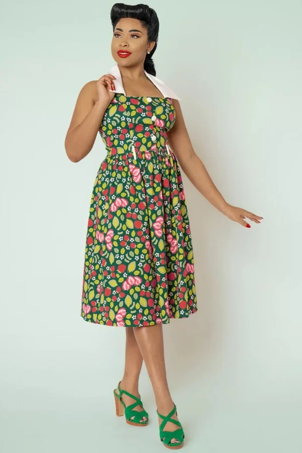 Waverly Strawberry Patch Swing Jurk In Groen-Collectif Clothing New